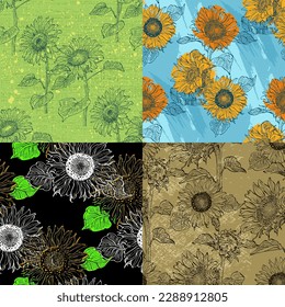 Patrón sin foco con flores amarillas. Patrones sin costuras de girasol. Fondo de textura de las flores amarillas de la línea del vector. Ilustración de resorte floral