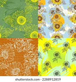 Seamless pattern with yellow flowers. Sunflower seamless patterns. Vector line yellow flowers texture background. Illustration floral spring