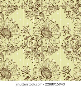 Seamless pattern with yellow flowers. Sunflower seamless patterns. Vector line yellow flowers texture background. Illustration floral spring