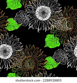 Seamless pattern with yellow flowers. Sunflower seamless patterns. Vector line yellow flowers texture background. Illustration floral spring