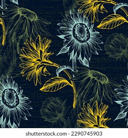 Seamless pattern with yellow flowers. Sunflower seamless patterns. Vector line yellow flowers texture background. Illustration floral spring