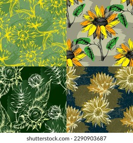 Seamless pattern with yellow flowers. Sunflower seamless patterns. Vector line yellow flowers texture background. Illustration floral spring