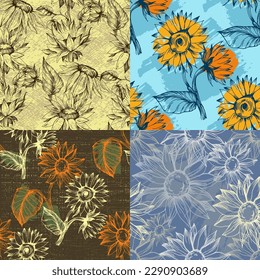 Patrón sin foco con flores amarillas. Patrones sin costuras de girasol. Fondo de textura de las flores amarillas de la línea del vector. Ilustración de resorte floral