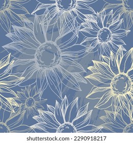 Seamless pattern with yellow flowers. Sunflower seamless patterns. Vector line yellow flowers texture background. Illustration floral spring