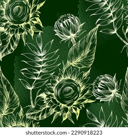 Seamless pattern with yellow flowers. Sunflower seamless patterns. Vector line yellow flowers texture background. Illustration floral spring
