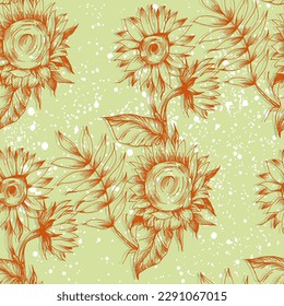 Seamless pattern with yellow flowers. Sunflower seamless patterns. Vector line yellow flowers texture background. Illustration floral spring