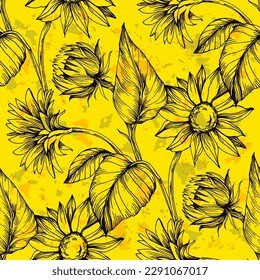 Seamless pattern with yellow flowers. Sunflower seamless patterns. Vector line yellow flowers texture background. Illustration floral spring