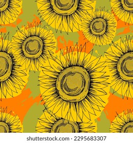 Patrón sin foco con flores amarillas. Diseño de papel pintado de lujo de líneas de girasol para tela, impresiones y textura de fondo, ilustración vectorial.