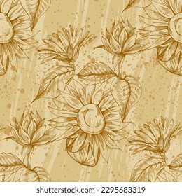 Seamless pattern with yellow flowers. Sunflower line arts luxury wallpaper design for fabric, prints and background texture, Vector illustration.