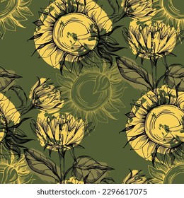 Seamless pattern with yellow flowers. Sunflower line arts luxury wallpaper design for fabric, prints and background texture, Vector illustration.