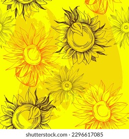 Seamless pattern with yellow flowers. Sunflower line arts luxury wallpaper design for fabric, prints and background texture, Vector illustration.
