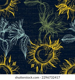 Seamless pattern with yellow flowers. Sunflower line arts luxury wallpaper design for fabric, prints and background texture, Vector illustration.