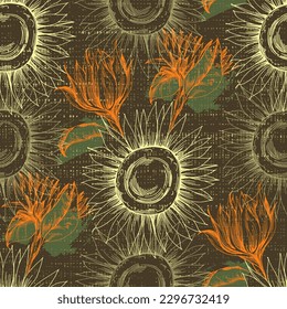 Seamless pattern with yellow flowers. Sunflower line arts luxury wallpaper design for fabric, prints and background texture, Vector illustration.