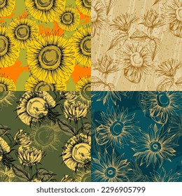 Seamless pattern with yellow flowers. Sunflower line arts luxury wallpaper design for fabric, prints and background texture, Vector illustration.