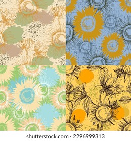 Patrón sin foco con flores amarillas. Diseño de papel pintado de lujo de líneas de girasol para tela, impresiones y textura de fondo, ilustración vectorial.