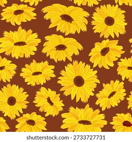Patrón sin fisuras de flores amarillas. Girasol, doronicum, adonis, rudbeckia, gerbera, árnica. Diseño de la textura para el Fondo de pantalla, papel de embalaje, scrapbooking, tela, textiles. Repite el adorno de verano en marrón