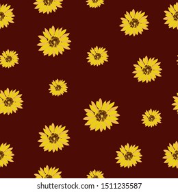 Seamless pattern: yellow flowers of sunflowers on a brown background. Vector. Illustration.