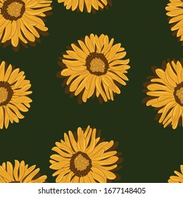 Seamless pattern with yellow flowers. Vector texture in tan on a green background.
Print for textiles, fabrics, backgrounds, accessories, wrapping paper, wallpaper.