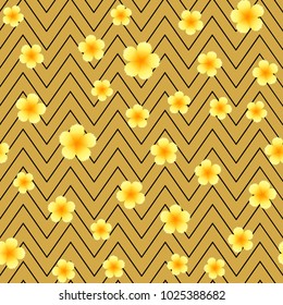 Seamless pattern with yellow flowers and zig zag lines. Vector.