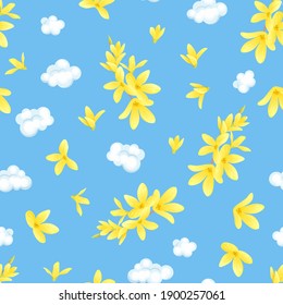 Seamless pattern with yellow forsythia flowers and clouds on a blue background. Vector spring floral illustration.
