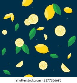 Seamless pattern with yellow fruits and lemon slices. Suitable for fabric or wrapping paper or summer background. Vector illustration in flat cartoon style.