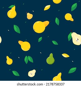 Seamless pattern with yellow fruits and pear slices. Suitable for fabric or wrapping paper or summer background. Vector illustration in flat cartoon style.