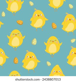 Seamless pattern with yellow funny chicken chick. Funny yellow chickens, vector illustration. seamless pattern.