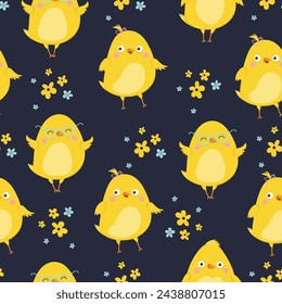 Seamless pattern with yellow funny chicken chick. Funny yellow chickens, vector illustration. seamless pattern.