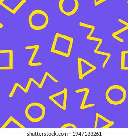 Seamless pattern with yellow   geometric elements on purple background. Hand drawn vector design for textile, backgrounds, clothes, wrapping paper and wallpaper. Fashion illustration seamless pattern.