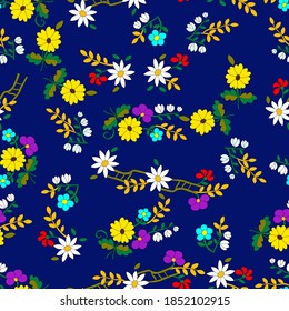 Seamless pattern yellow geranium purple wildflowers  folk style,stylized,hand drawn,wheat,chrysanthemums,ladder,bells,wheat on a dark background,for cover,for fabric,for wrapping paper,for printing