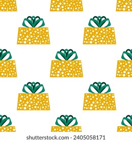 Seamless pattern with yellow gifts with polka dots on a white background