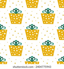 Seamless pattern with yellow gifts with stars