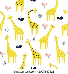 Seamless pattern with yellow giraffes. Vector flat illustration with wild cute animal on a white background.