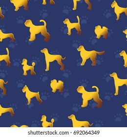 Seamless pattern with yellow gold dogs on dark blue background with paws. Different breeds. Good for greeting cards, wrapping papers, textile, fabric, invitations. 