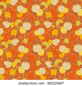 Seamless pattern with yellow - golden apples on orange background