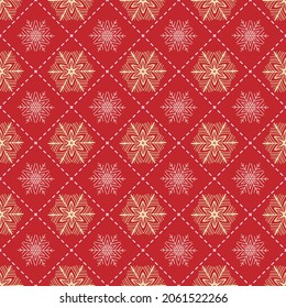 Seamless pattern of yellow and golden snowflakes on a red background. For decoration of borders, postcards, posters, flyers for the New Year and Christmas holidays. Vector illustration