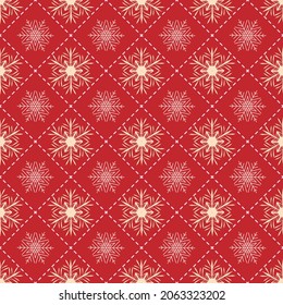 Seamless pattern of yellow and golden snowflakes on a red background. For decoration of borders, postcards, posters, flyers for the New Year and Christmas holidays. Vector illustration