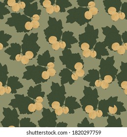 Nahtloses Muster mit gelben Stachelbeeren, grüne Blätter auf Ästen. Design für Tapete, Hintergrund, Stoff, Textilien, Café, Restaurant, Resort, exotische, Verpackungen.