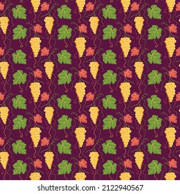 Seamless pattern of yellow grapes and green leaves on a burgundy background. Vector illustration for decor, wrapping paper, print