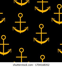 Seamless pattern with yellow graphic anchors on black background. Simple flat design.For children postcards, scrapbooking, textile and wrapping paper