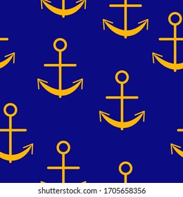Seamless pattern with yellow graphic anchors on blue background. Simple flat design. Sea and ocean. Maritime equipment. Ship and boat. For children postcards, scrapbooking, textile and wrapping paper