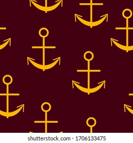 Seamless pattern with yellow graphic anchors on brown background. Simple flat design. Sea and ocean. Maritime equipment. Ship and boat. For children postcards, scrapbooking, textile and wrapping paper