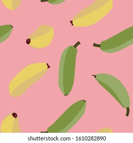 Seamless pattern of yellow and green bananas randomly distributed on pink background. Vector vintage Illustration.