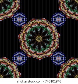Seamless pattern with yellow, green and blue grid on a black background. Vector square composition of vintage ornament.