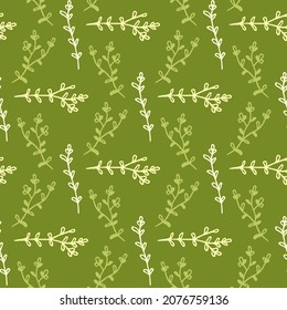 Seamless pattern with yellow and green branches on dark green background. Vector image.
