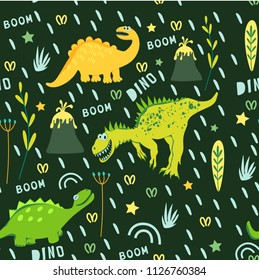 Seamless pattern of yellow and green dinosaurs and volcano. Dinosaurs walking in a clearing. For the design of children's clothing, fabrics, cards, books. Style comics and cartoons