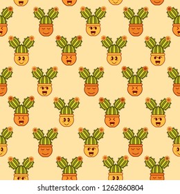 Seamless pattern with yellow and green doodle cacti girls on a warm beige background.Print with funny cartoon characters for fabric,wrapping paper, scrapbooking,planners,wallpaper and more