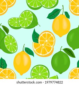Seamless pattern with yellow and green fresh juicy limes or lemons slices, hand drawn cartoon flat citrus fruits vector illustration.
