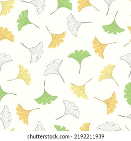 Seamless pattern of yellow and green ginkgo biloba leaves. Autumn season hand drawn background.