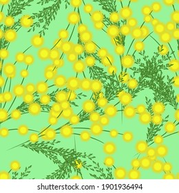 Nahtloses Muster mit gelben und grünen Blättern auf blauem Hintergrund. Mimosa blüht. Vektorgrafik.